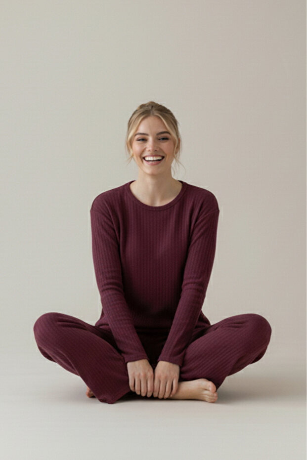 Pamuklu Kalın Kışlık Şeritli Şardonlu İnterlok Örme Pijama Takımı - 4
