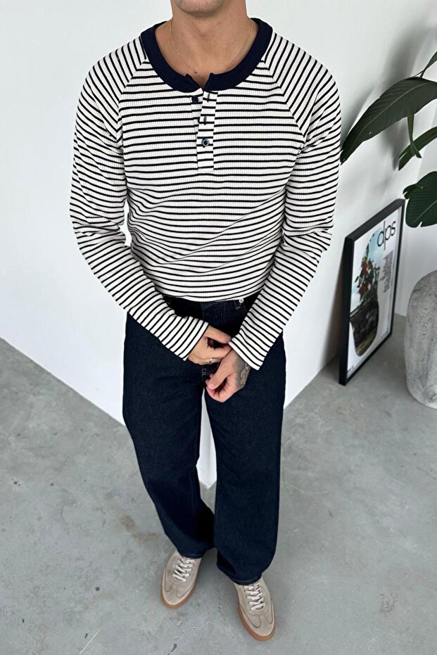 Navy Blue Premium Striped Buttoned Collar Long Sleeve T-Shirt
