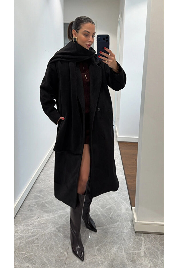 Black Long Coat with Scarf Detail - 85163