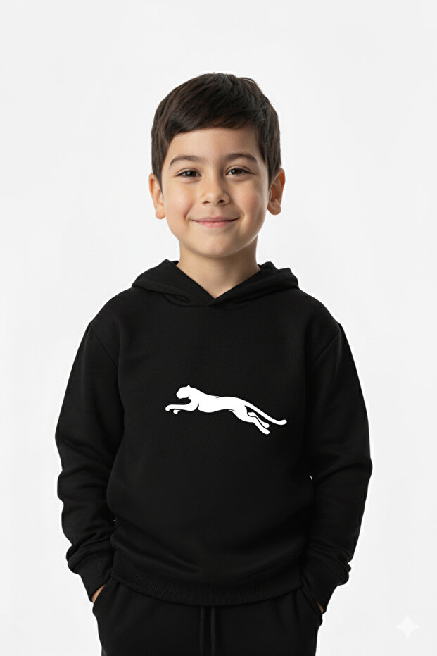 Running leopard print kids' hooded premium compact sweatshirt tracksuit set with pockets and drawstring.