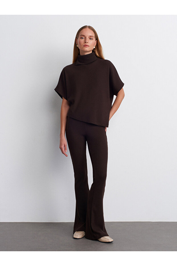 71910 Yüksek Bel Örme Pantolon-Kahve - 3