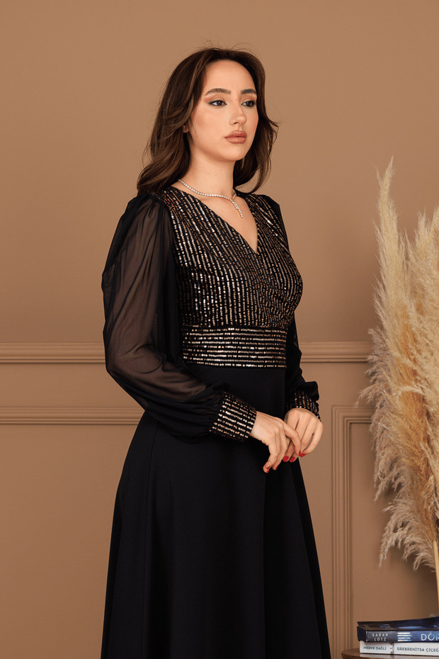 Payet Kumaş Kolları Tül Abiye Elbise - GOLD - 5