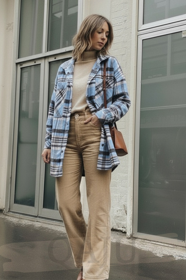 Women's Oversize Plaid Woven Shirt Jacket – Blue Pink