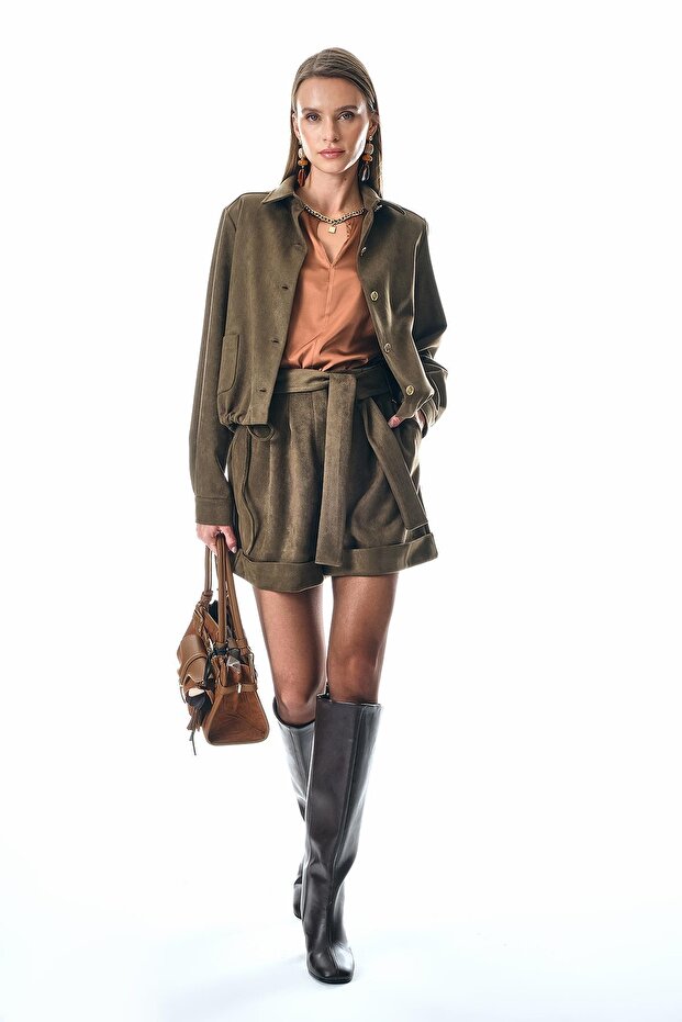 Süet Beli Kuşaklı Double Paça Şort - 3