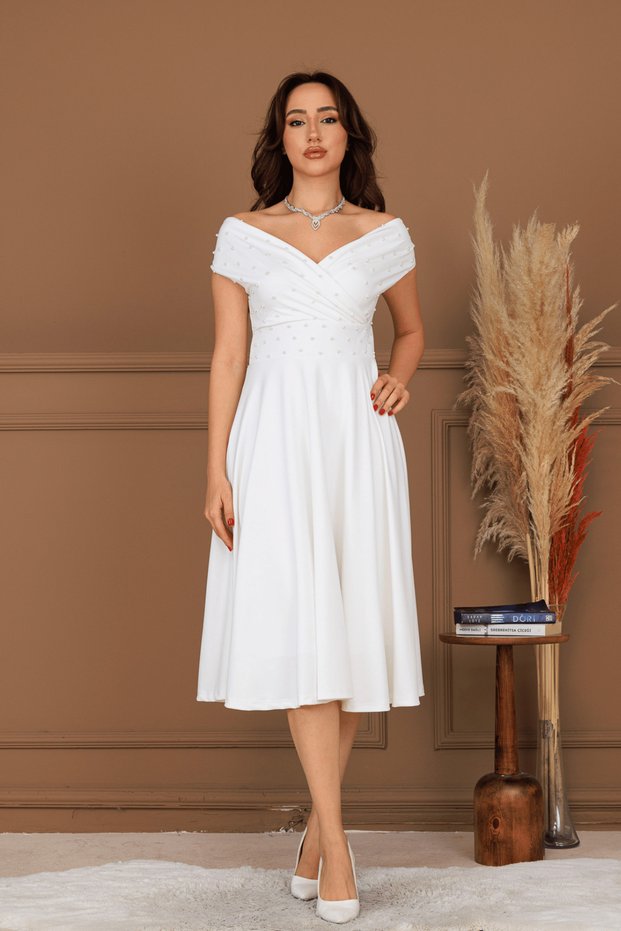 Crepe Boat Neck Pearl Detailed Long Evening Dress - White