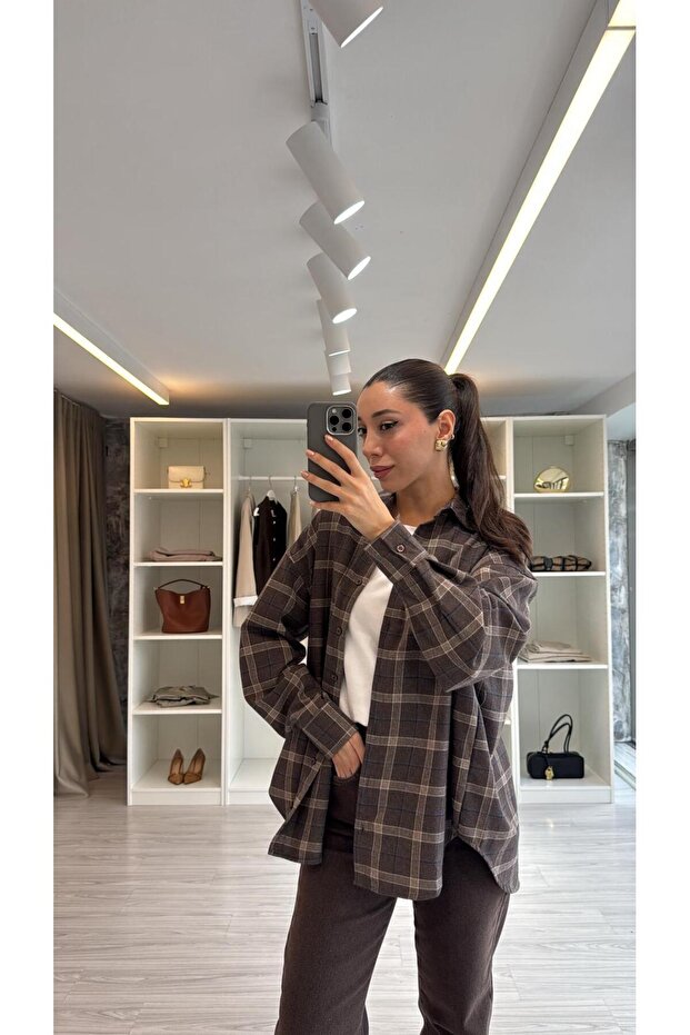 OVERSIZE EKOSELİ ODUNCU GÖMLEK - KAHVE - 4