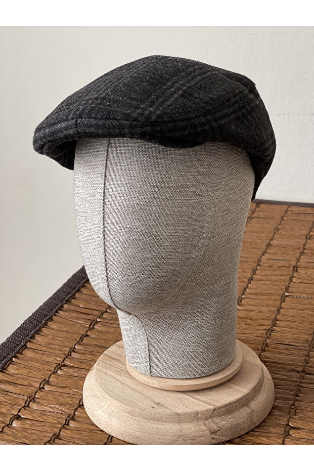 Winter London Model Wool Fabric Unisex Flat Pocket Gray Plaid Beanie Hat (Elastic)