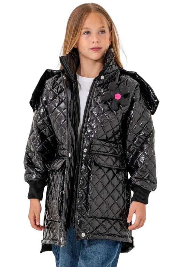 Girl's Quilted Model Coat with Detachable Hood, Lined Inside, Skirt Part with Zipper, Shiny Black Color