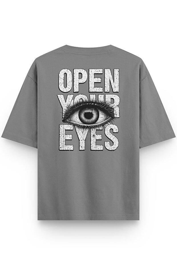 قم بفتح عينيك تي شيرت Open Your Eyes Göz Back مطبوع Semi قصة فضفاضة باللون الرمادي 1394