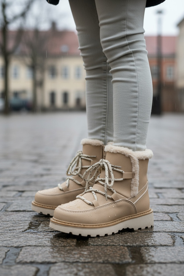Kız Çocuk Fermuarlı krem Deri kar botu , İçi Sıcak Polar Astarlı Bot , Dişli Kaymaz Taban - 7