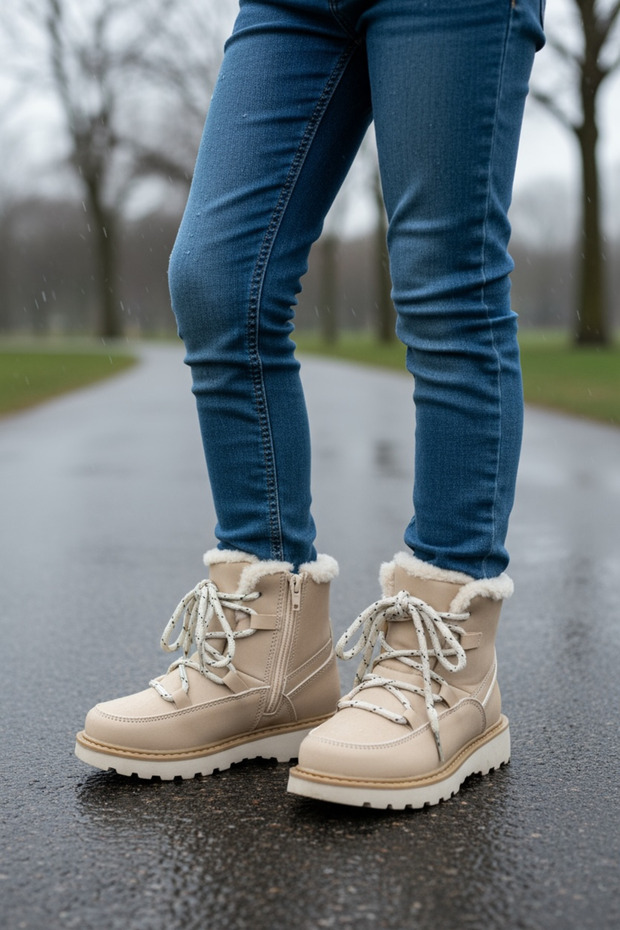 Kız Çocuk Fermuarlı krem Deri kar botu , İçi Sıcak Polar Astarlı Bot , Dişli Kaymaz Taban - 8