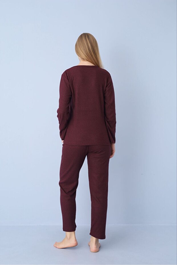 Bordo Fitilli Örme Pijama Takımı - 5