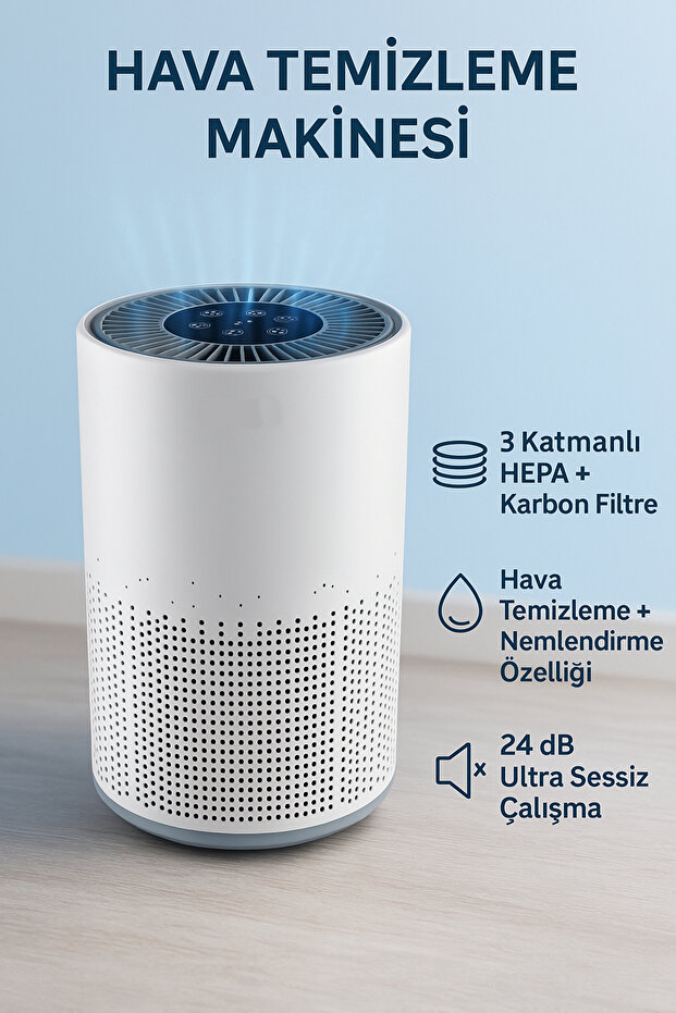 Akıllı Hava Temizleme ve Nemlendirme Cihazı | 3 Katmanlı HEPA Karbon Filtre | Sessiz Çalışma 24 dB - 1