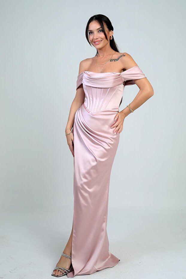 Women's Strapless Low Sleeve Lined Underwire Satin Long Dress