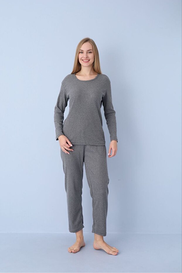 Antrasit Fitilli Örme Pijama Takımı - 4