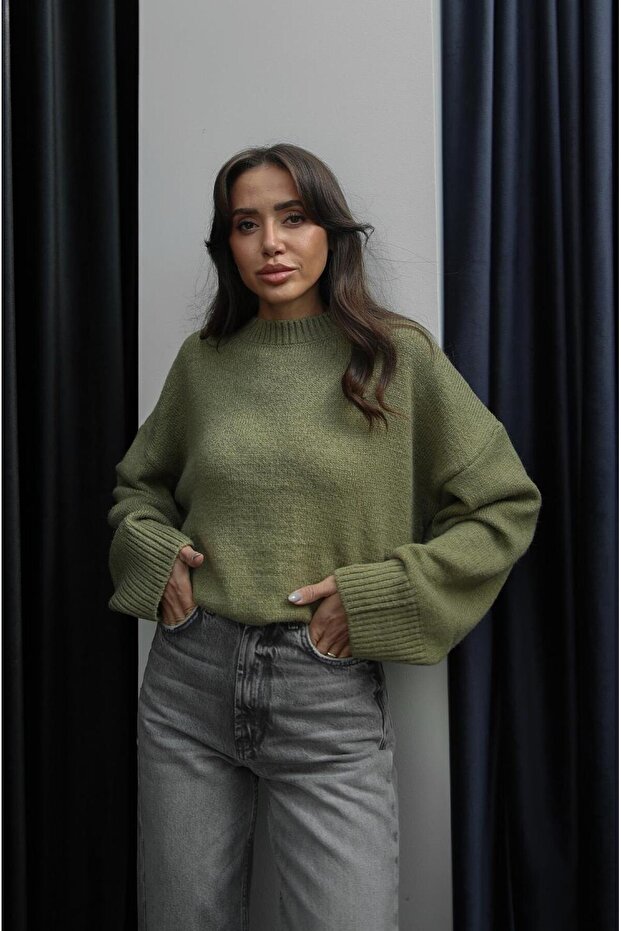 Yeşil Mary Bisiklet Yaka Oversize Triko Kazak - 3