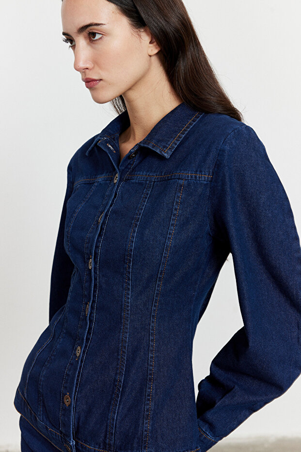 Fitted Cut Denim Jacket Blue - 1