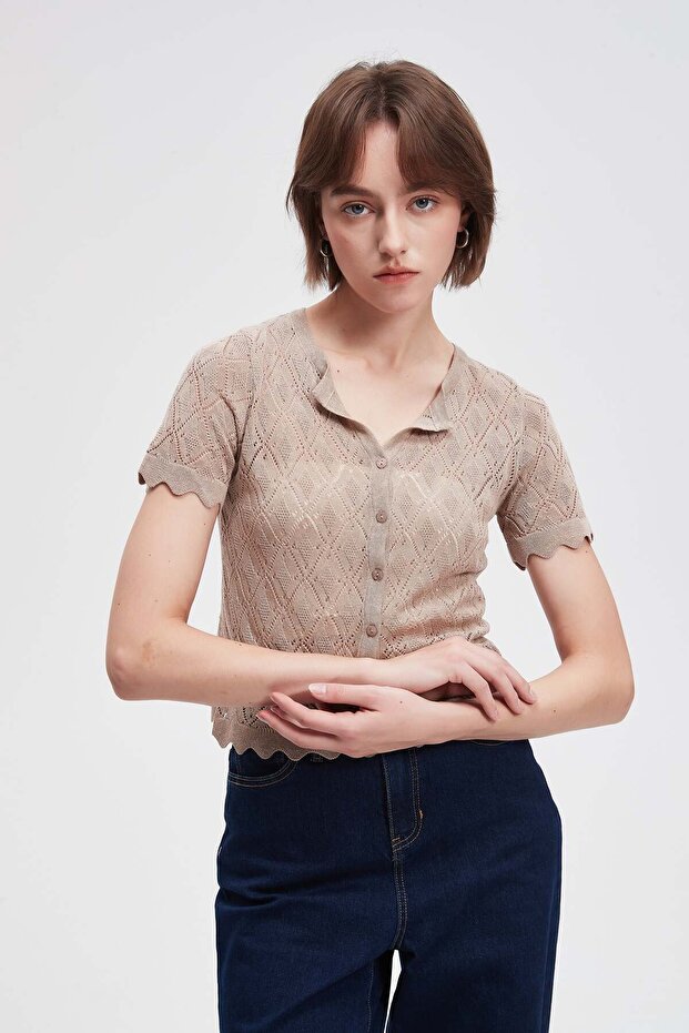 Solid Half-Sleeve Lace Top - 6