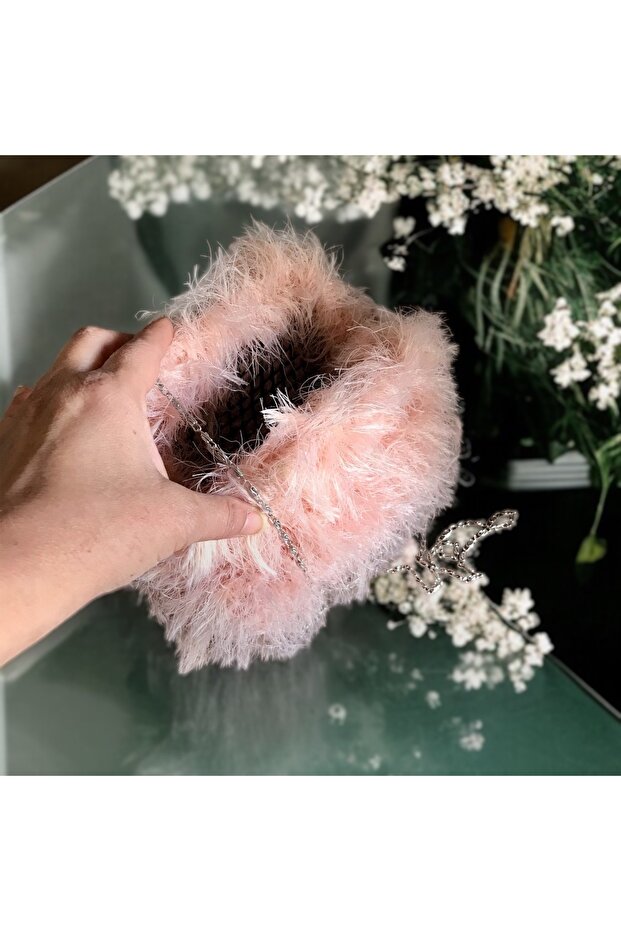 Salmon Color Feather Knitted Scholarship Bag