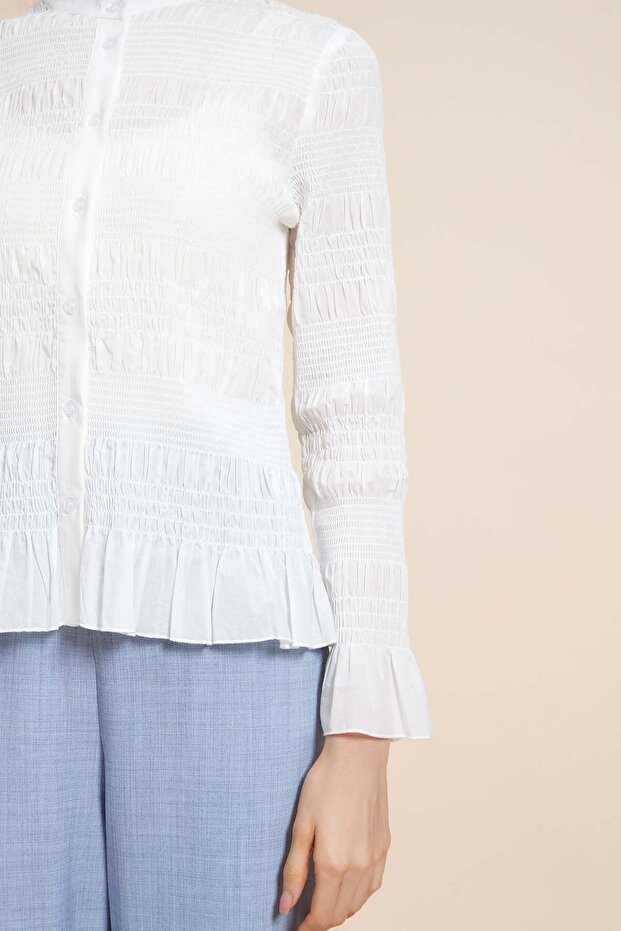 Ruffled Long Sleeve Solid Blouse - 6