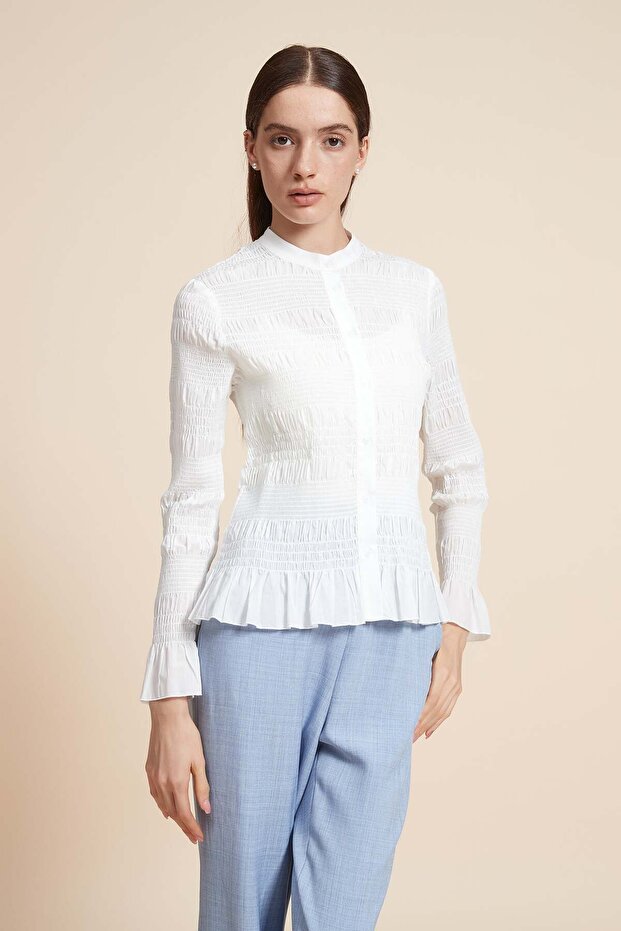 Ruffled Long Sleeve Solid Blouse - 3