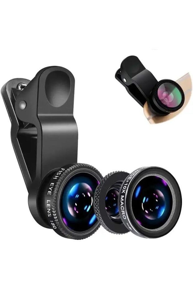 Black 3in1 Fisheye Wide Angle Micro Camera Lens for iPhone Redmi 3in1 Zoom Fish Eye Len on Smart...