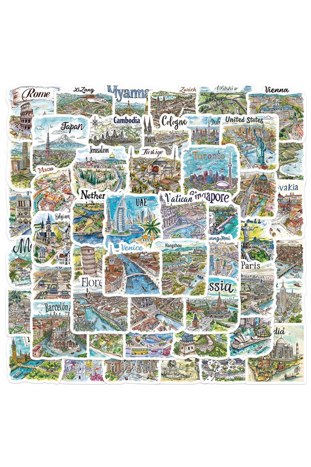 50PCS 50PCS World Famous City Landmark Buildings Hand Drawn Travel Map Graffiti Stickers for Laptop