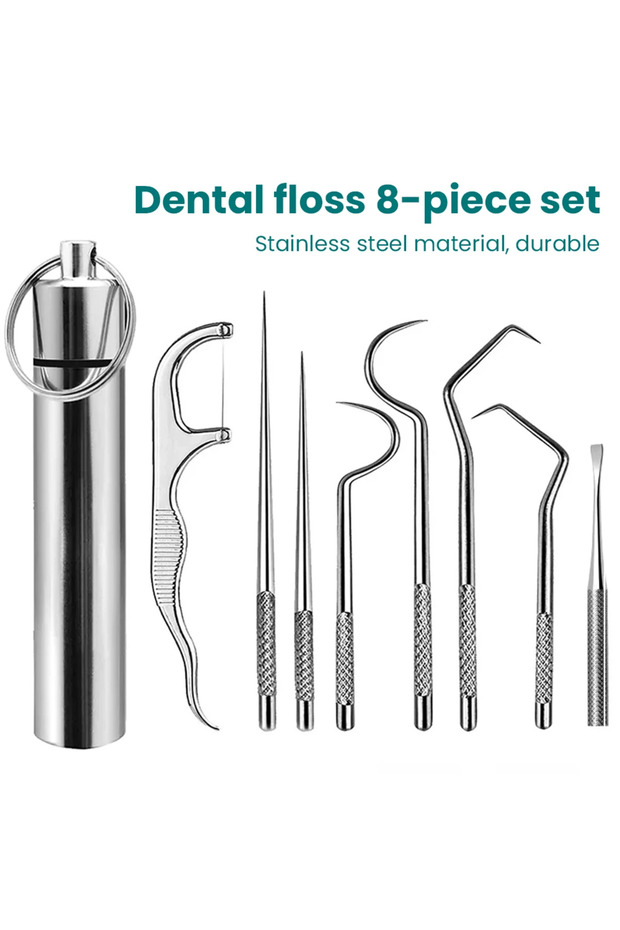 8pcs/set Stainless Steel Toothpick 8-piece Portable Toothpicking Tool Cleaning Oral Care Floss Ne...