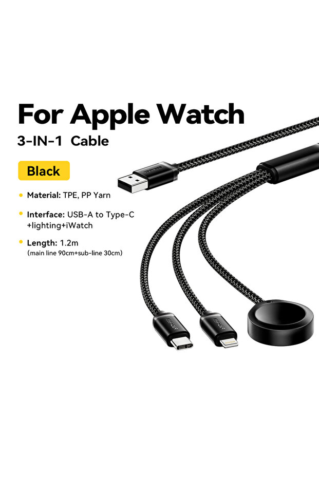 كابل شحن USB-A متعدد المنافذ بطول 1.2 متر، أسود اللون، 3 في 1، متوافق مع ساعات آبل الذكية وأجهزة آيفون برو 16/15/14/13.