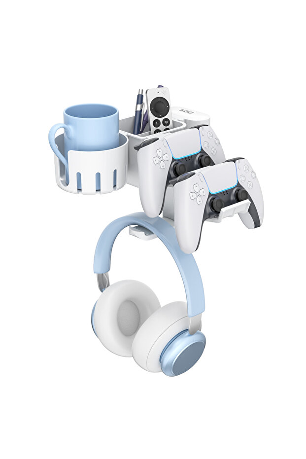 White Rotatable Controller Stand 5 in 1 Under Desk Clamp Headphone Hanger Replaceable Cup Holder Com - 1