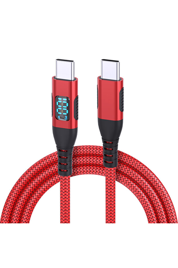 كابل شحن سريع USB C إلى USB C أحمر 100 وات بسرعة نقل 480 ميجابت في الثانية، كابل بيانات نايلون أحمر بطول 1 متر، قطعة واحدة