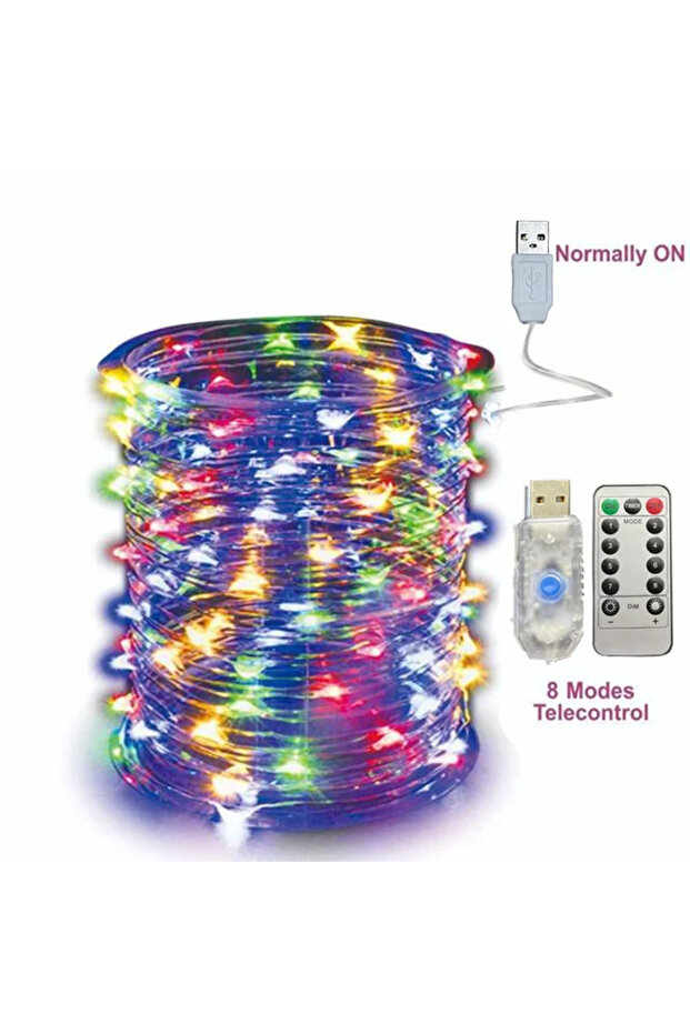 أضواء سلسلة خرافية LED ملونة بمنفذ USB بطول 2/5/10/20/30 متر مزودة بخاصية التحكم عن بعد، 8 أوضاع، 10 أمتار، 100 مصباح LED، سلك فضي، 2/5/10/20/30 متر