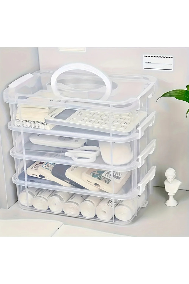 White 4-layer Transparent Plastic Storage Box Cover Partitioned Drawer Storage Box Building Block St - 1