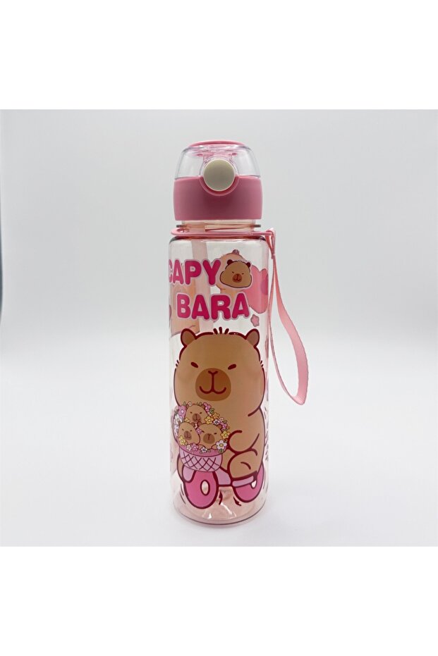 700ml Transparent-Pink 700ml Leak-Proof Durable Water Bottle Cute Capybara Water Cup with Carry Stra