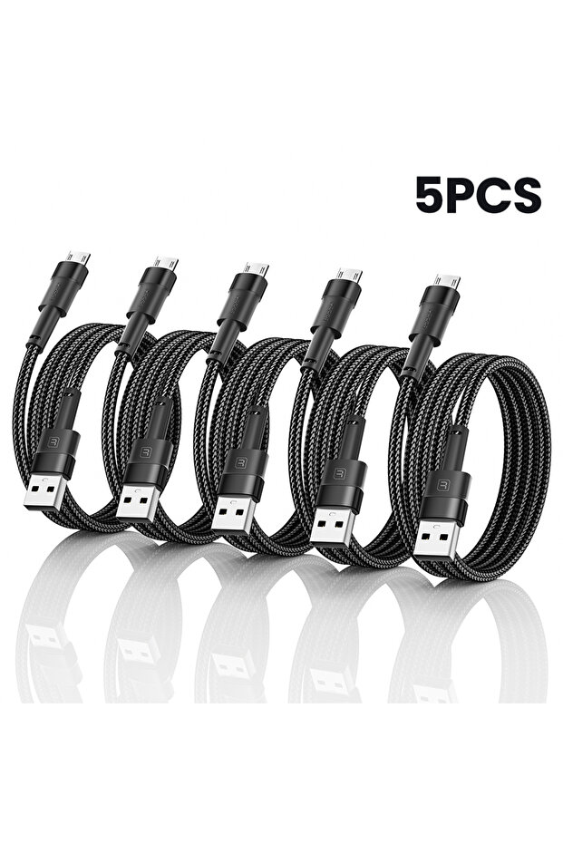 5 قطع بطول 1 متر، كابل شحن سريع Micro USB أسود 2.4 أمبير لهواتف أندرويد...