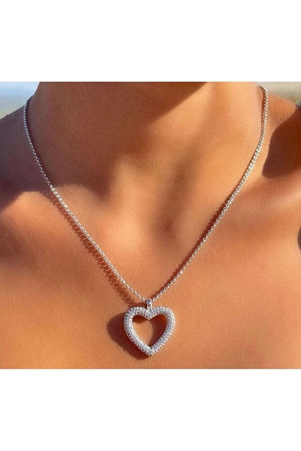 Heart Necklace with Zircon Stone Ezgi Hazelnut Silver Color Silver Necklace