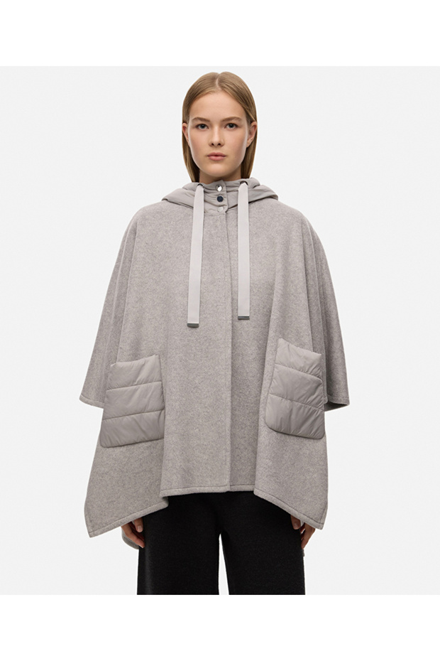 Kumaş mix kapüşonlu panço - 3