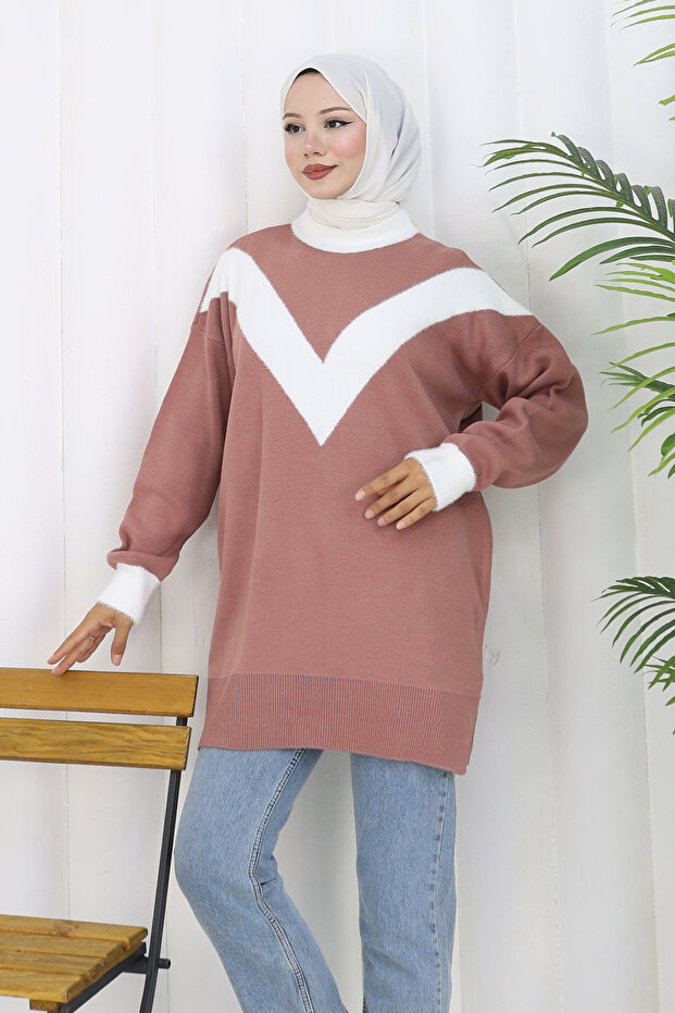 Desenli Triko Tunik S3017 Gül - 4