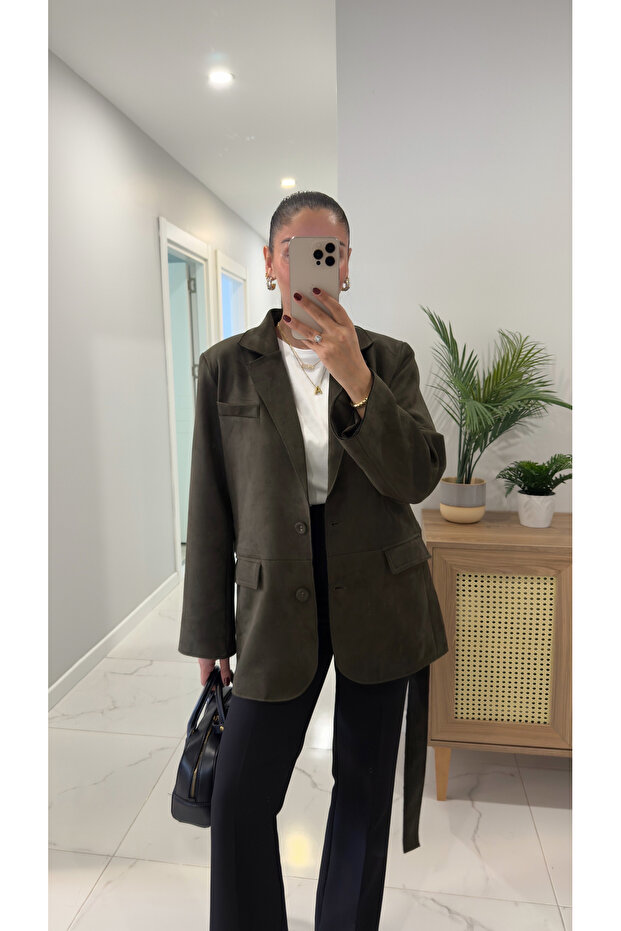 Jachetă din piele intoarsa cu curea Risan Khaki - 2