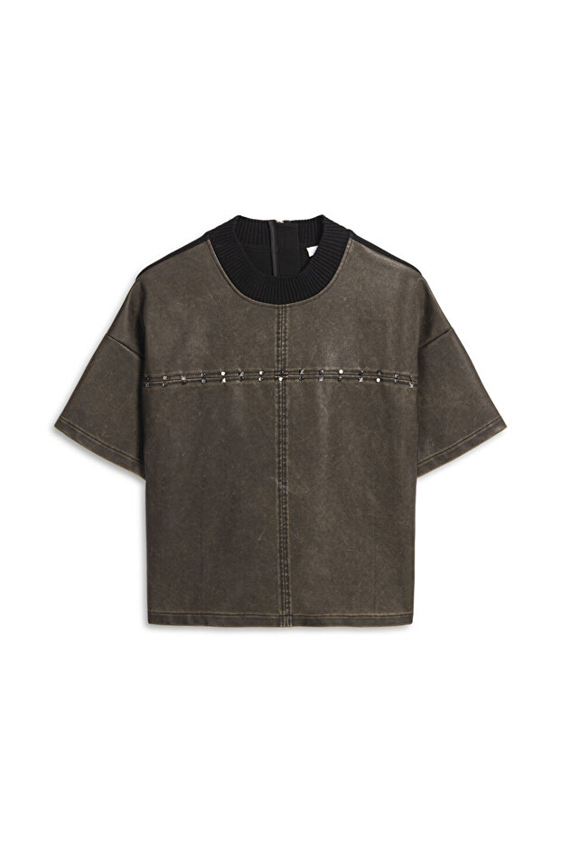 DERİ GÖRÜNÜMLÜ TROK BASKILI BLUZ - 3