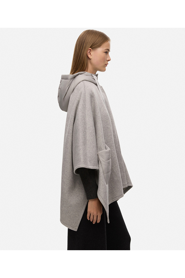 Kumaş mix kapüşonlu panço - 4