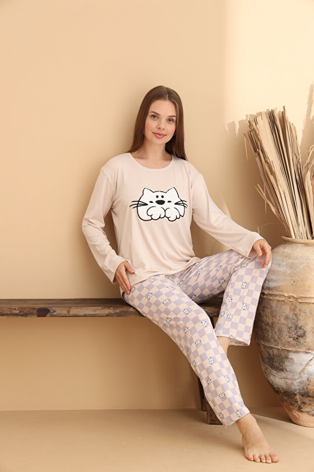 طقم بيجامة كاروهات بيج للقطط - 2