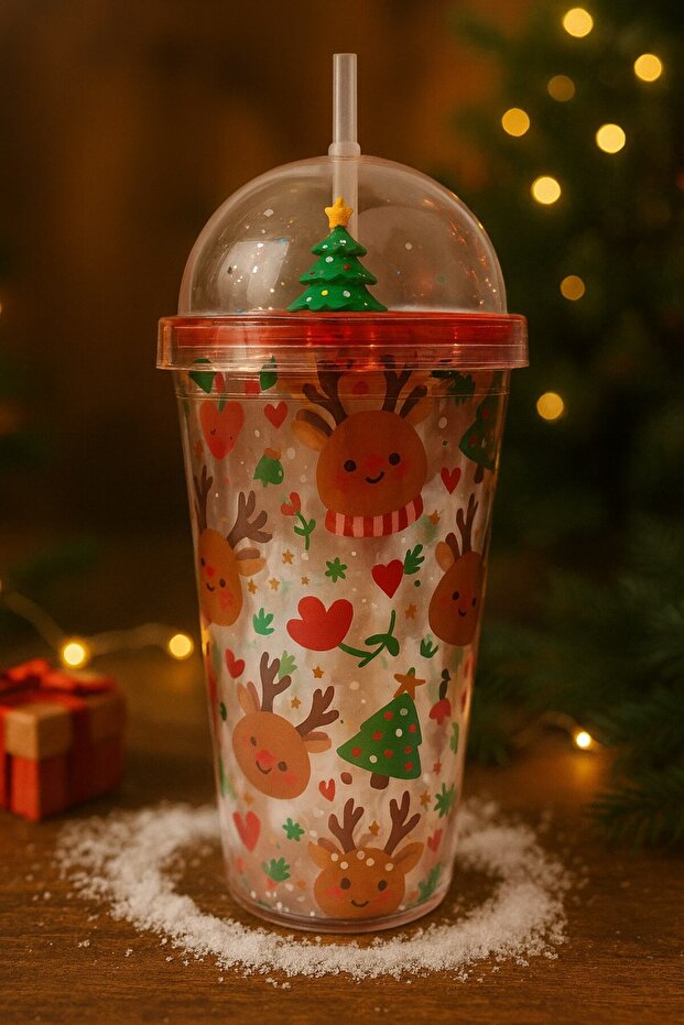 New Year 2026 & Christmas Deer Themed Straw Water Bottle 450 ml Double Layer Mica Water Bottle 2768-C