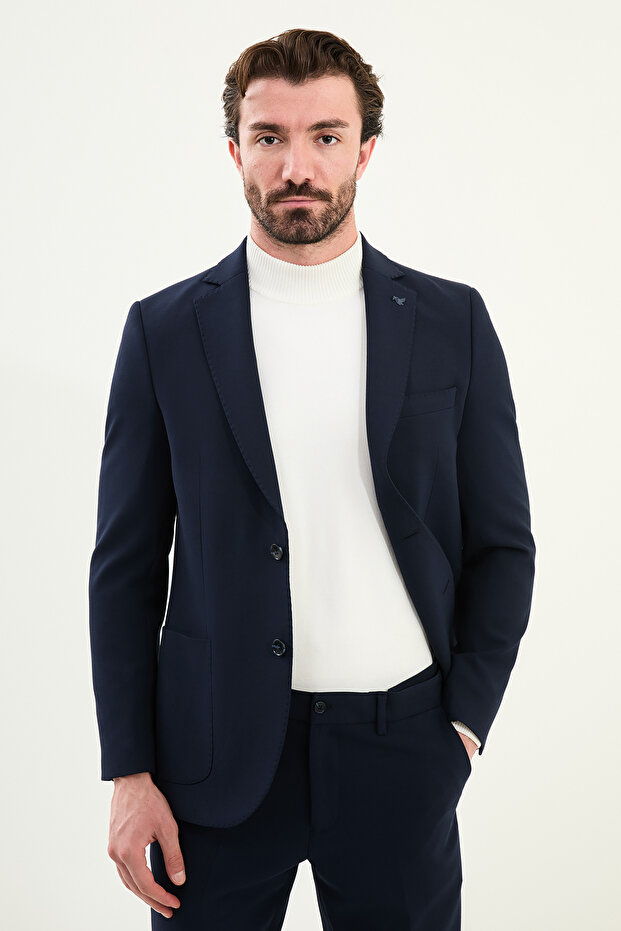 Straight Slim Fit Mono Collar Pocketed Trousers Elasticated Men's Suit Navy Blue - 45411.25K