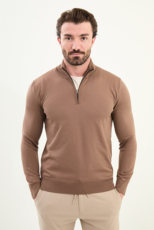 Plain Slim Fit Zippered Half Fisherman Men's Knitwear Sweater Milk Coffee - 11561.25K