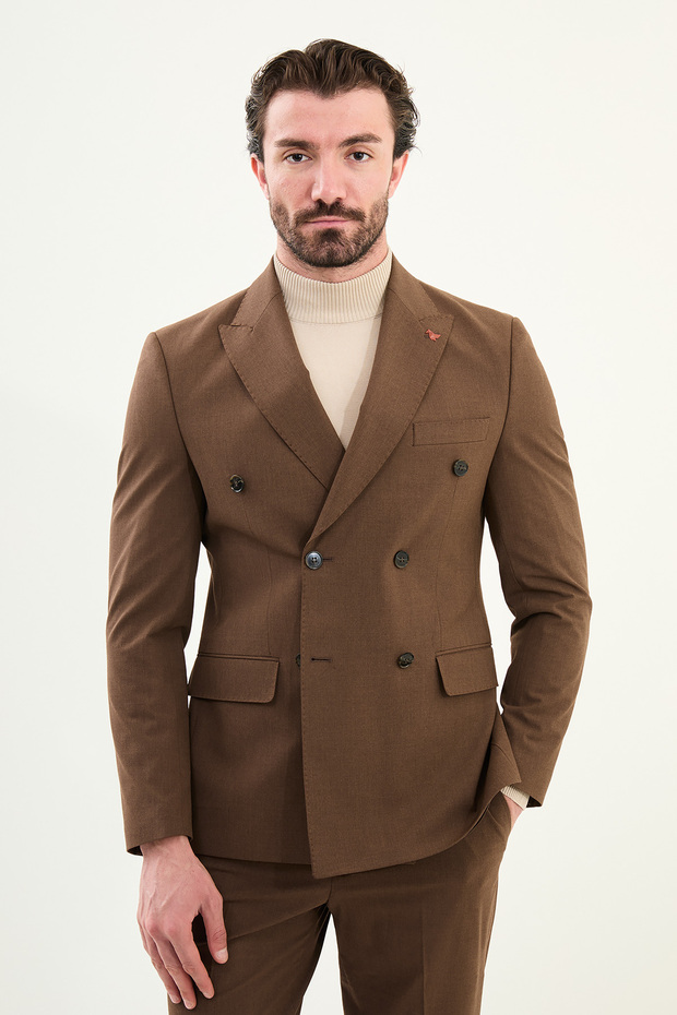 Straight Slim Fit Wide Collar Double Breasted Men's Suit Hazelnut - 45420.25K