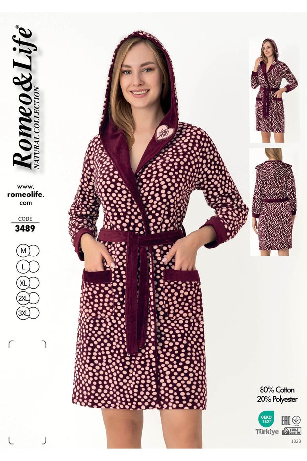 Women's Hooded Soft Textured Home Bathrobe Cotton & Velvet / Pink - Burgundy 3489