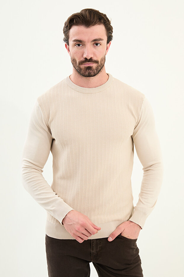Patterned Slim Fit Crew Neck Men's Knitwear Sweater Beige - 11575.25K