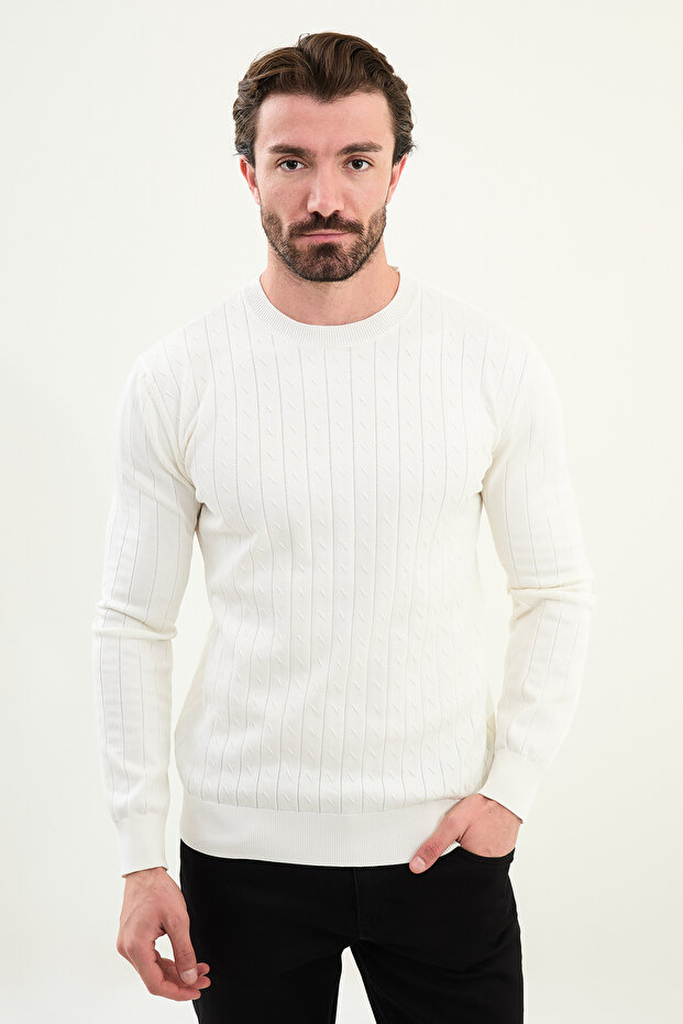 Patterned Slim Fit Crew Neck Men's Knitwear Sweater Ecru - 11577.25K