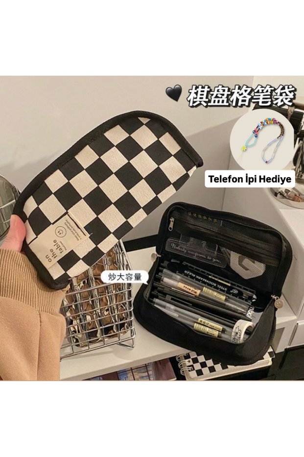 Checkered Black White Canvas Wide Large Capacity Y2K Kpop Gothic Pencil Case Pen Holder Organizer